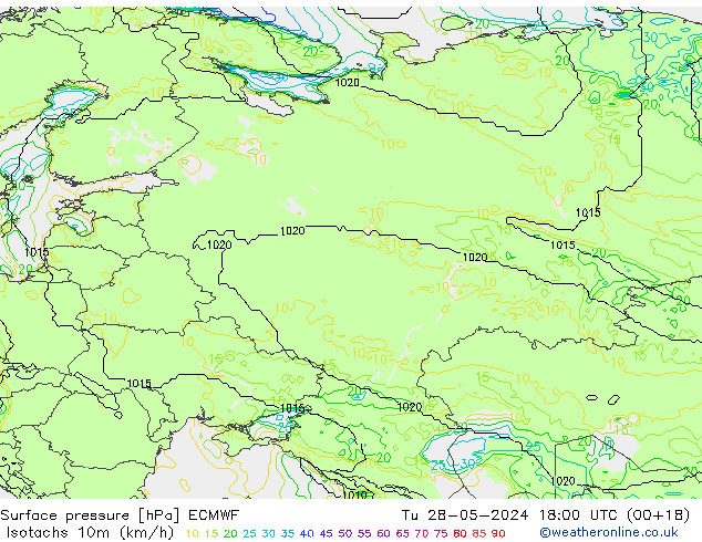 Isotachs (kph) ECMWF Tu 28.05.2024 18 UTC