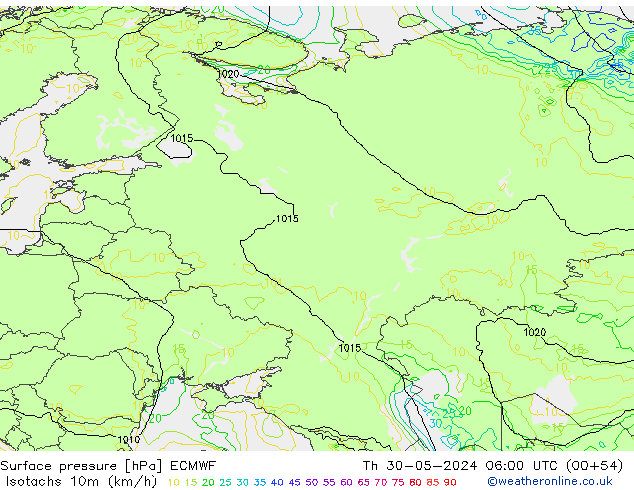 Isotachs (kph) ECMWF  30.05.2024 06 UTC