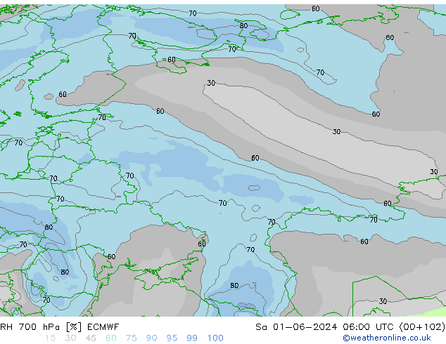 RH 700 hPa ECMWF Sa 01.06.2024 06 UTC