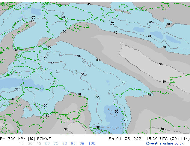 Humedad rel. 700hPa ECMWF sáb 01.06.2024 18 UTC