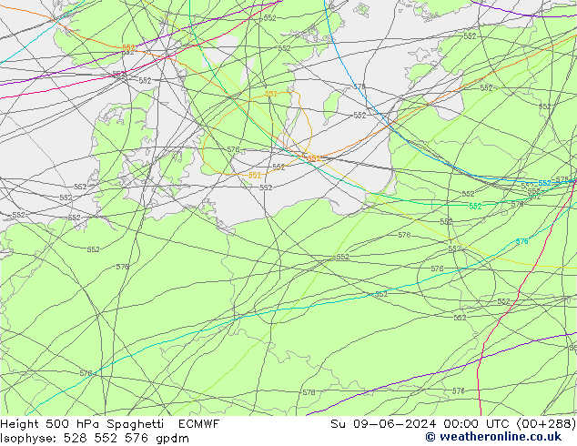 Height 500 hPa Spaghetti ECMWF Su 09.06.2024 00 UTC