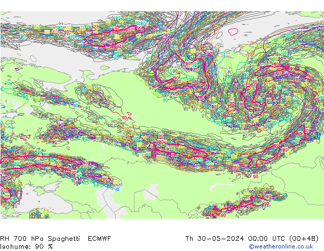 RH 700 hPa Spaghetti ECMWF Th 30.05.2024 00 UTC