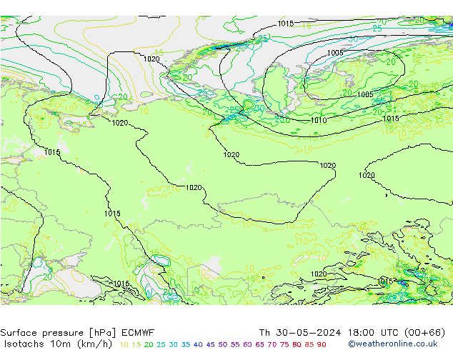 Isotaca (kph) ECMWF jue 30.05.2024 18 UTC