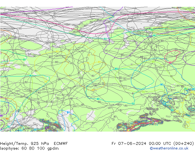 Height/Temp. 925 гПа ECMWF пт 07.06.2024 00 UTC