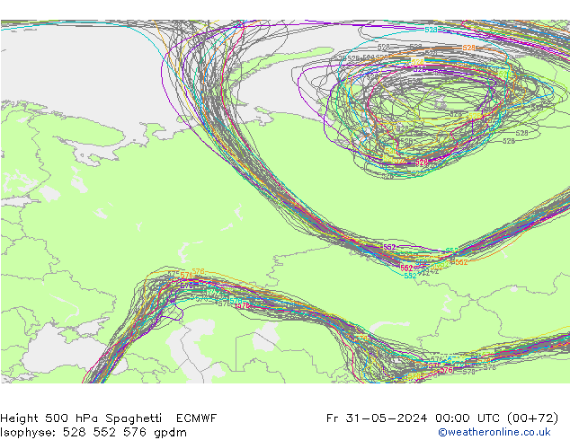 Hoogte 500 hPa Spaghetti ECMWF vr 31.05.2024 00 UTC