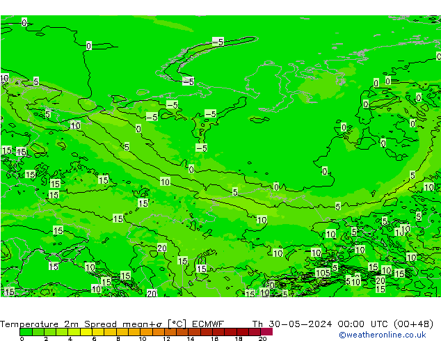mapa temperatury 2m Spread ECMWF czw. 30.05.2024 00 UTC