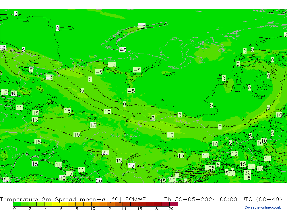 Temperature 2m Spread ECMWF Th 30.05.2024 00 UTC