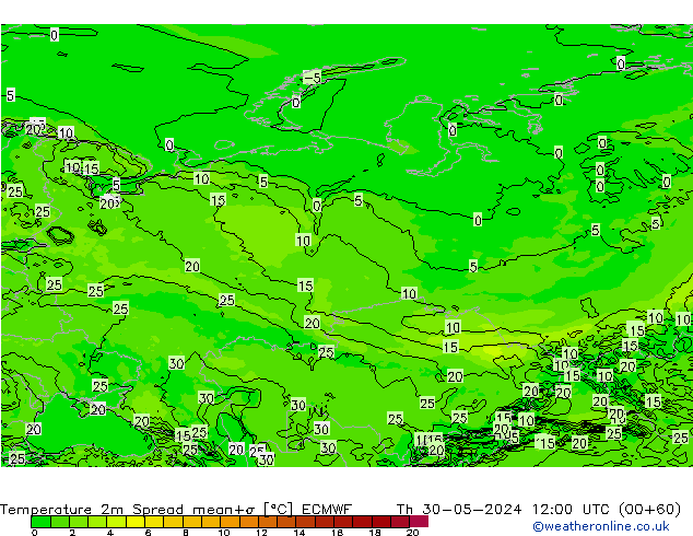 température 2m Spread ECMWF jeu 30.05.2024 12 UTC