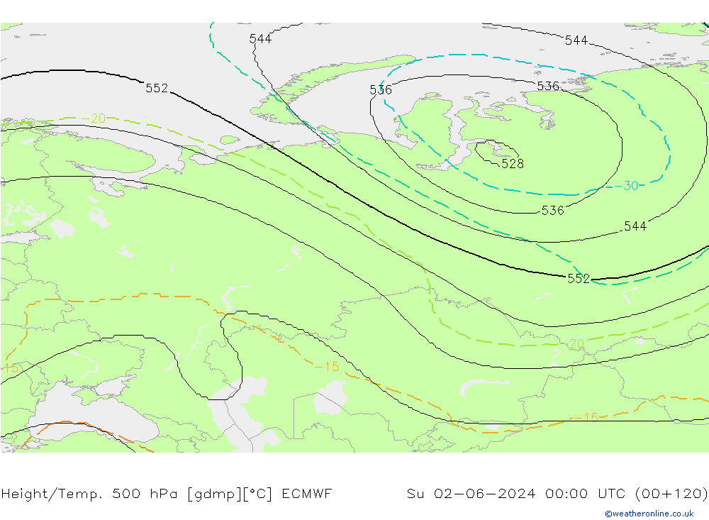 Hoogte/Temp. 500 hPa ECMWF zo 02.06.2024 00 UTC