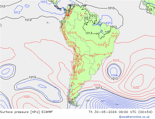 pressão do solo ECMWF Qui 30.05.2024 06 UTC