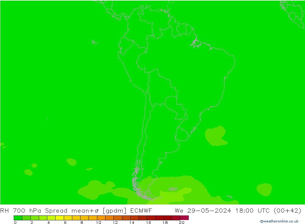 700 hPa Nispi Nem Spread ECMWF Çar 29.05.2024 18 UTC