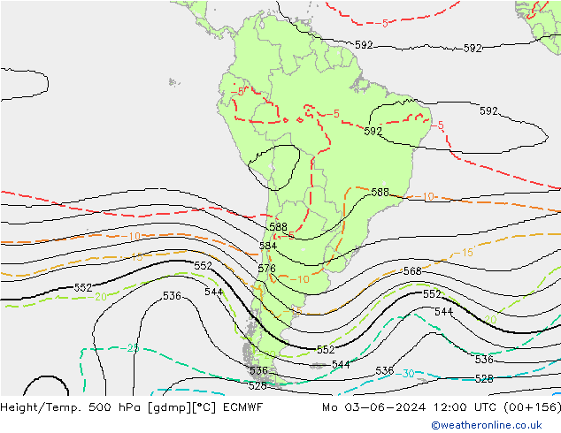 Height/Temp. 500 hPa ECMWF lun 03.06.2024 12 UTC