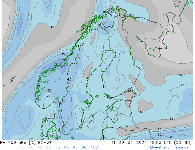 Humedad rel. 700hPa ECMWF jue 30.05.2024 18 UTC