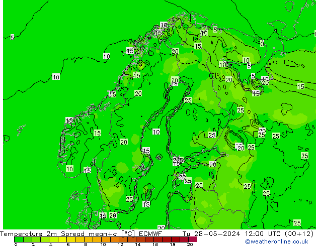 карта температуры Spread ECMWF вт 28.05.2024 12 UTC