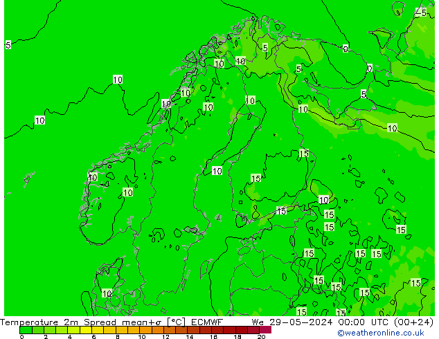Temperaturkarte Spread ECMWF Mi 29.05.2024 00 UTC