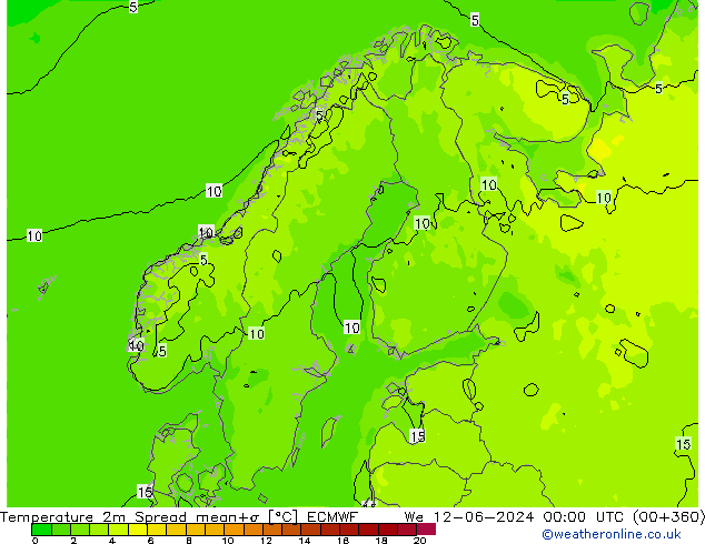 Temperatura 2m Spread ECMWF mié 12.06.2024 00 UTC