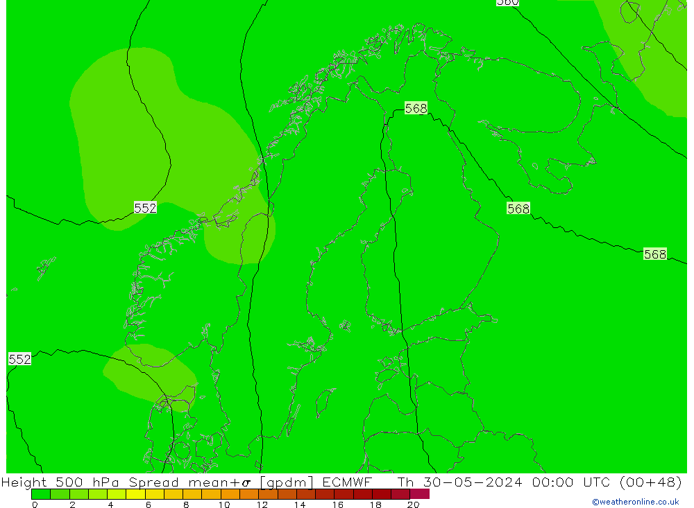 Hoogte 500 hPa Spread ECMWF do 30.05.2024 00 UTC