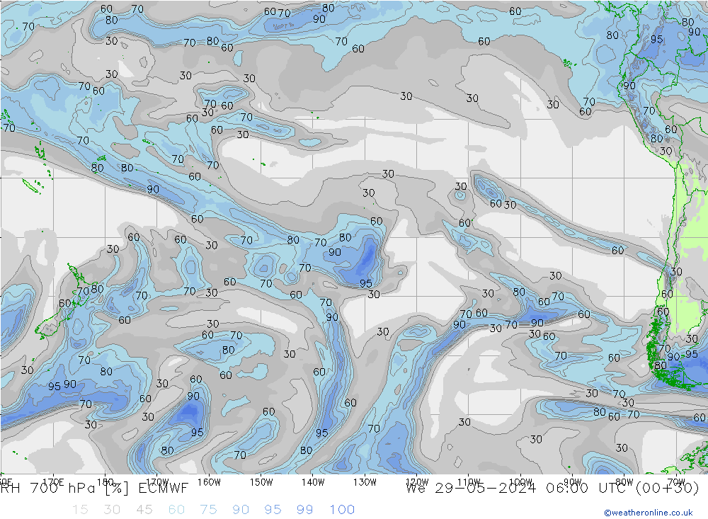 Humedad rel. 700hPa ECMWF mié 29.05.2024 06 UTC