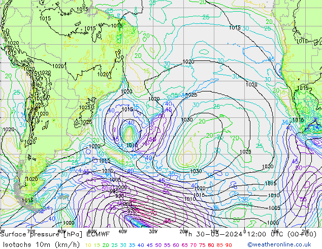 Isotaca (kph) ECMWF jue 30.05.2024 12 UTC