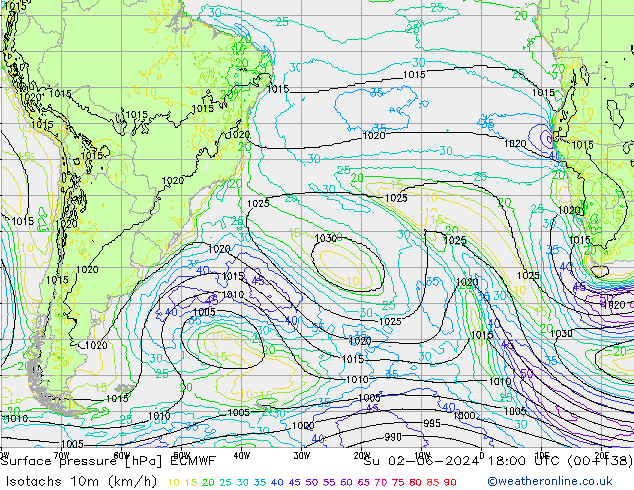 Isotachen (km/h) ECMWF So 02.06.2024 18 UTC