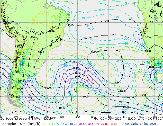 Isotachs (kph) ECMWF Po 03.06.2024 18 UTC