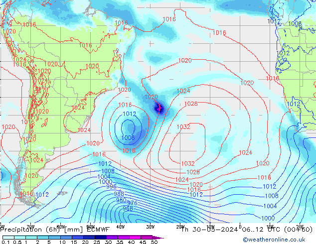 Precipitation (6h) ECMWF Čt 30.05.2024 12 UTC