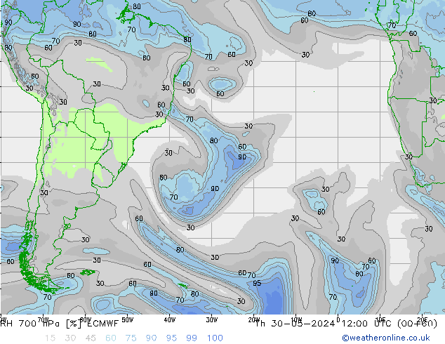 Humedad rel. 700hPa ECMWF jue 30.05.2024 12 UTC