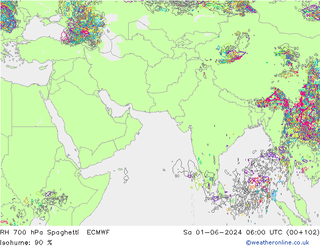 Humedad rel. 700hPa Spaghetti ECMWF sáb 01.06.2024 06 UTC