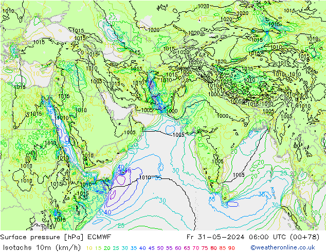 Isotachs (kph) ECMWF  31.05.2024 06 UTC