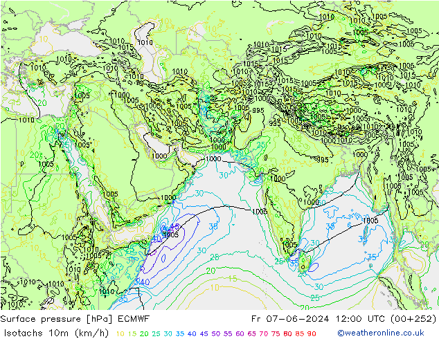 Isotachs (kph) ECMWF Fr 07.06.2024 12 UTC