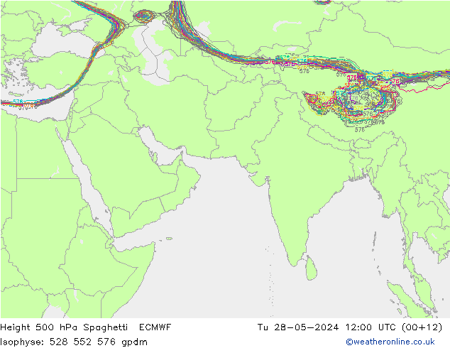 Height 500 hPa Spaghetti ECMWF 星期二 28.05.2024 12 UTC