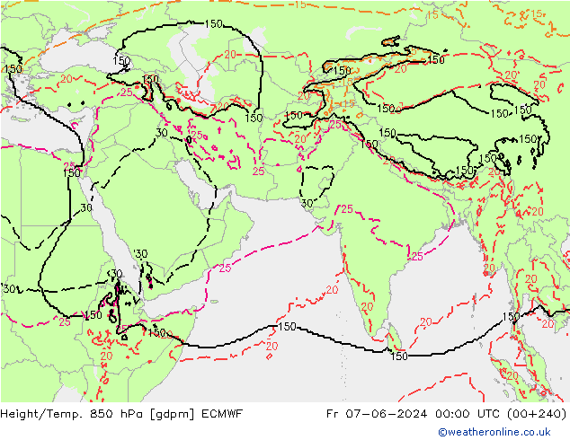 Hoogte/Temp. 850 hPa ECMWF vr 07.06.2024 00 UTC