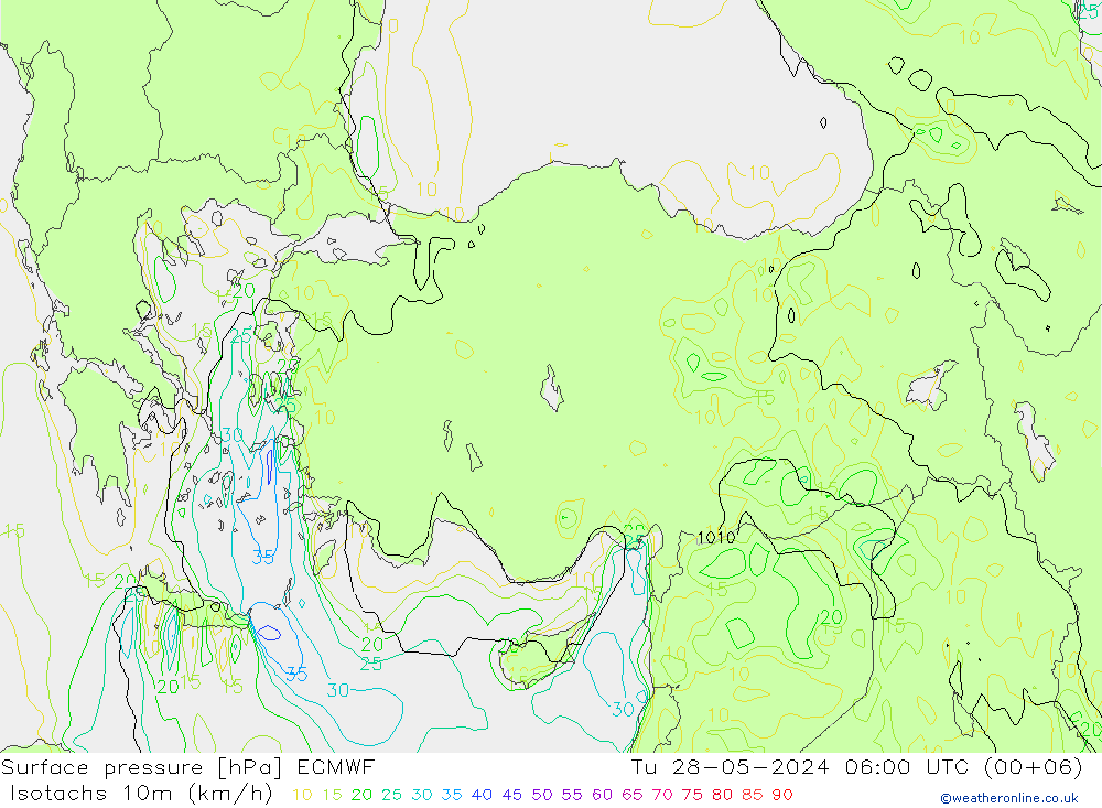 Isotachs (kph) ECMWF mar 28.05.2024 06 UTC