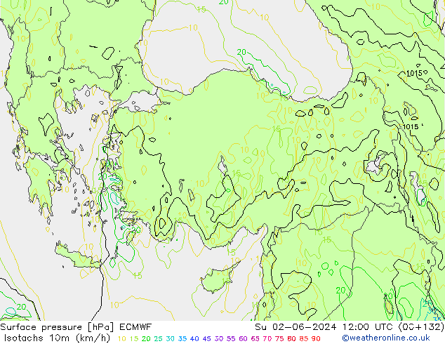 Isotachs (kph) ECMWF dim 02.06.2024 12 UTC