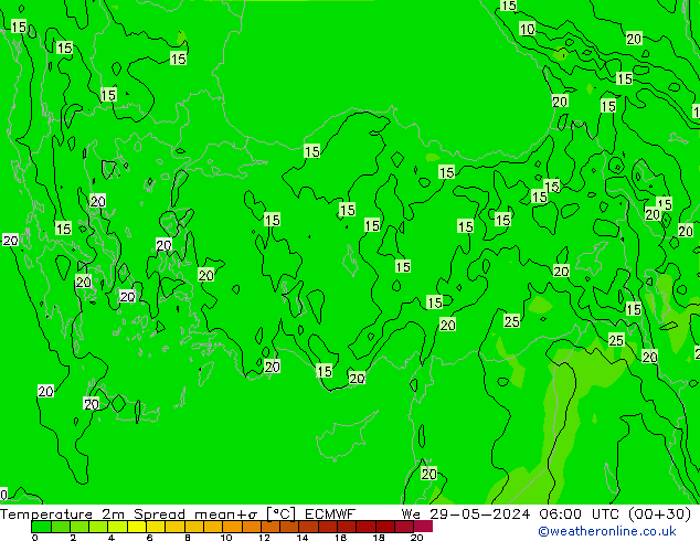 карта температуры Spread ECMWF ср 29.05.2024 06 UTC