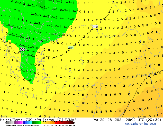 Height/Temp. 700 hPa ECMWF Mi 29.05.2024 06 UTC