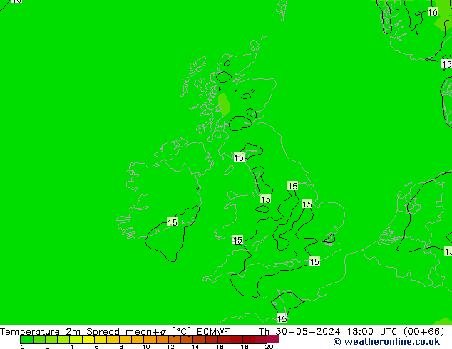 température 2m Spread ECMWF jeu 30.05.2024 18 UTC