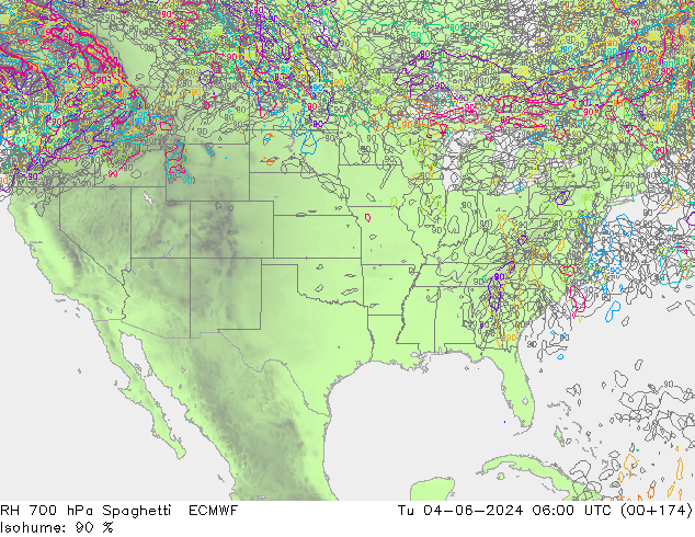 RH 700 гПа Spaghetti ECMWF вт 04.06.2024 06 UTC