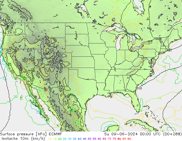 Isotachs (kph) ECMWF Su 09.06.2024 00 UTC