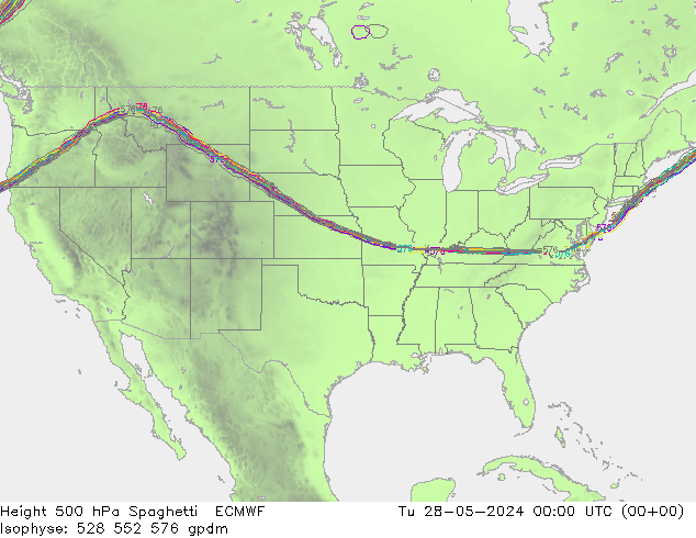 Hoogte 500 hPa Spaghetti ECMWF di 28.05.2024 00 UTC