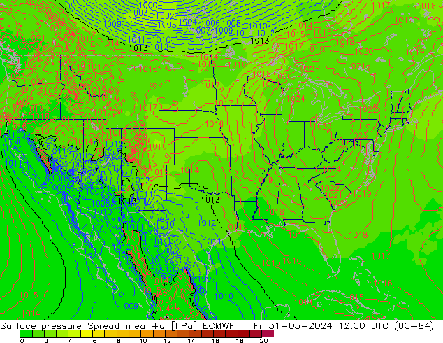 Presión superficial Spread ECMWF vie 31.05.2024 12 UTC