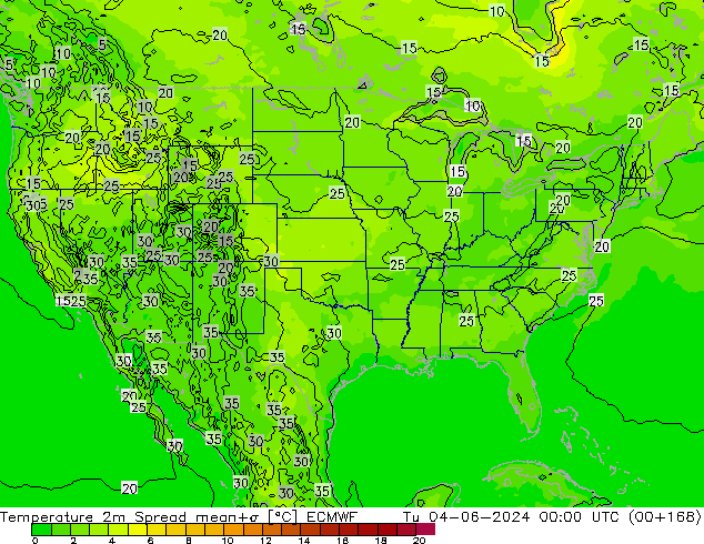 Temperature 2m Spread ECMWF Tu 04.06.2024 00 UTC