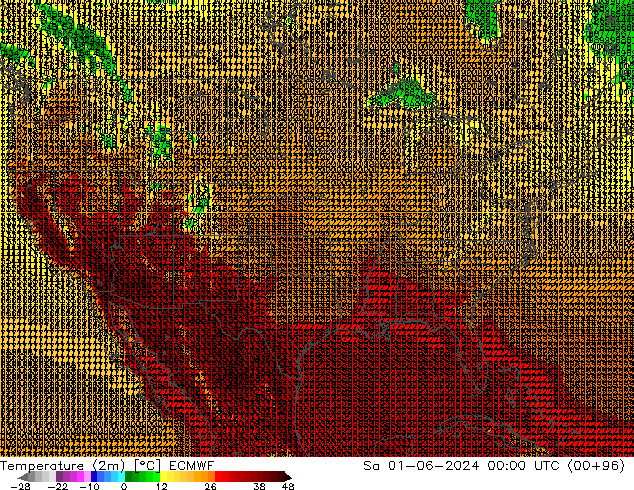 mapa temperatury (2m) ECMWF so. 01.06.2024 00 UTC