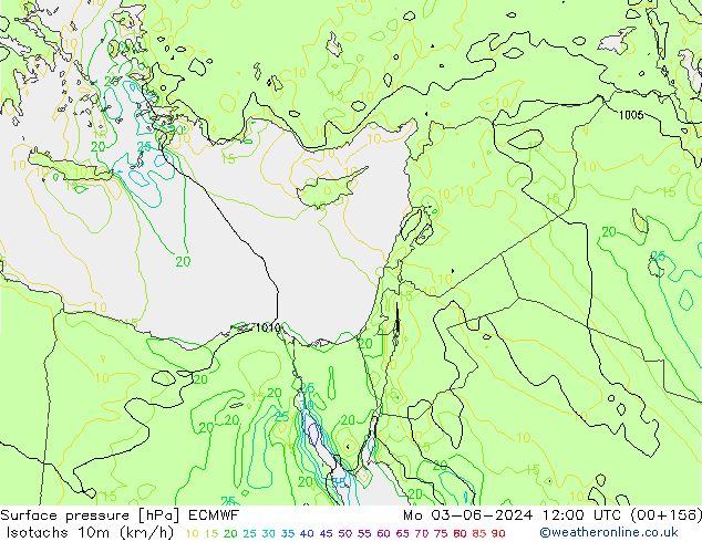 Isotachen (km/h) ECMWF Mo 03.06.2024 12 UTC