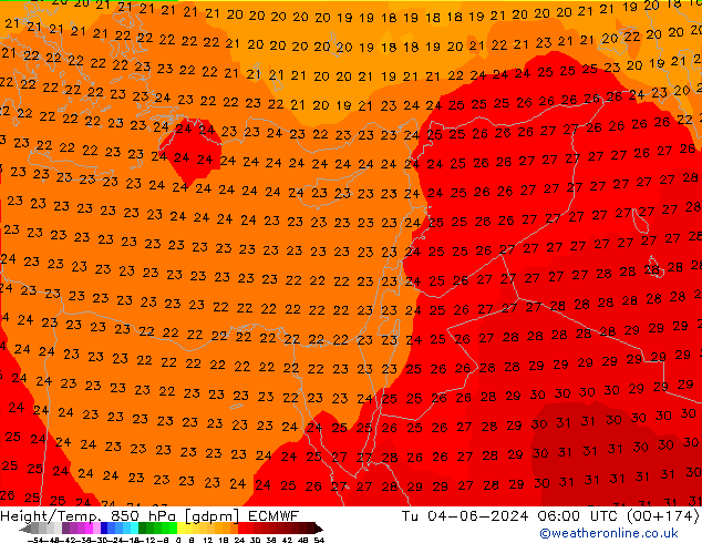 Height/Temp. 850 hPa ECMWF Di 04.06.2024 06 UTC