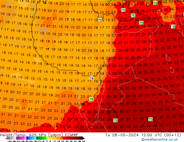 Height/Temp. 925 hPa ECMWF mar 28.05.2024 12 UTC