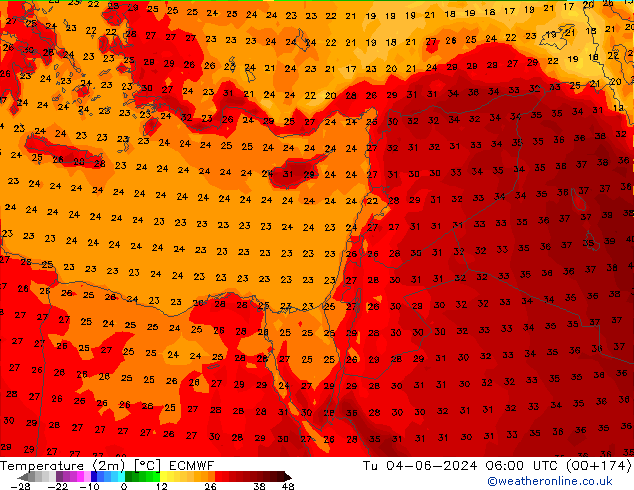 Temperature (2m) ECMWF Tu 04.06.2024 06 UTC