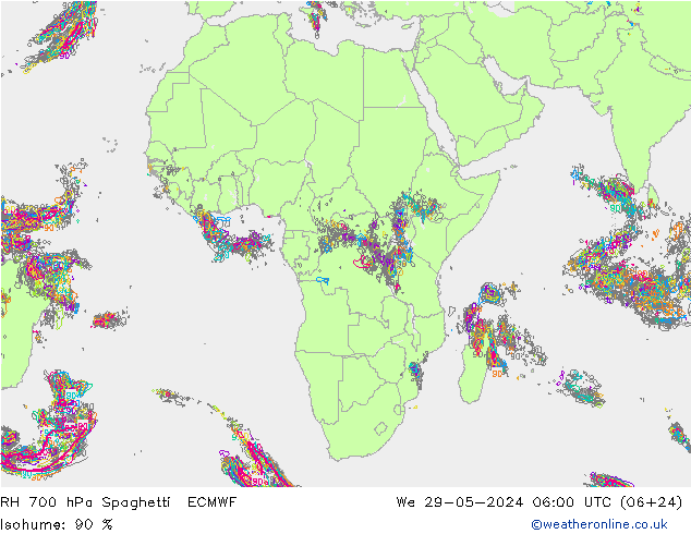 RH 700 гПа Spaghetti ECMWF ср 29.05.2024 06 UTC