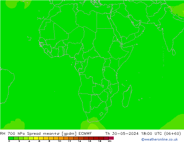 RH 700 hPa Spread ECMWF Čt 30.05.2024 18 UTC