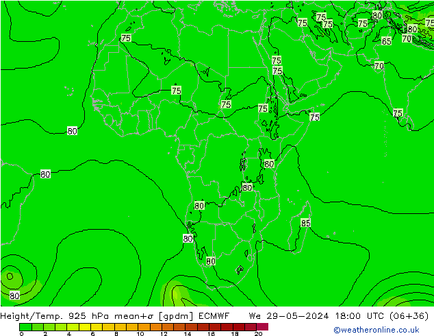 Height/Temp. 925 hPa ECMWF mer 29.05.2024 18 UTC